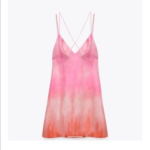 New Zara Tie Dye Satin Mini Dress Pink Orange